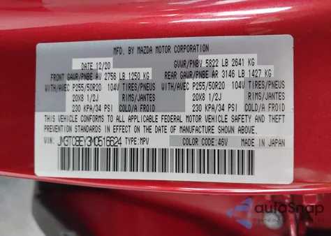 2021 Mazda Cx-9 Signature from USA, damaged, VIN JM3TCBEY3M0516624